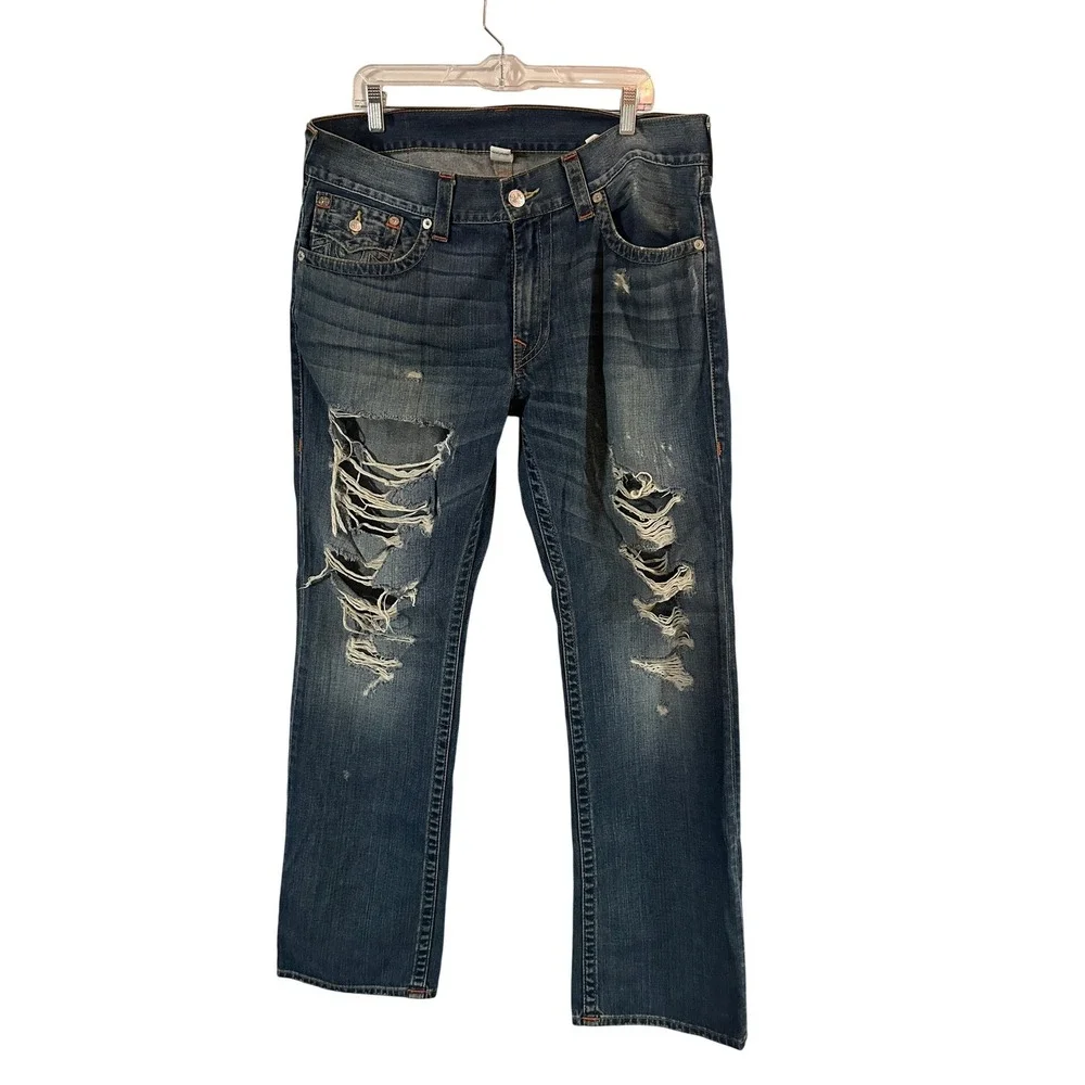True‎ Religion Mens Straight Flap Jeans Orange Stitching Distressed Size 36